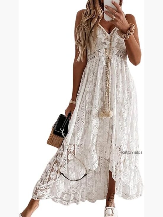 Dresses & Skirts - Sleeveless Lace Tassel Beach Maxi Dress Spaghetti Straps Flowy Casual